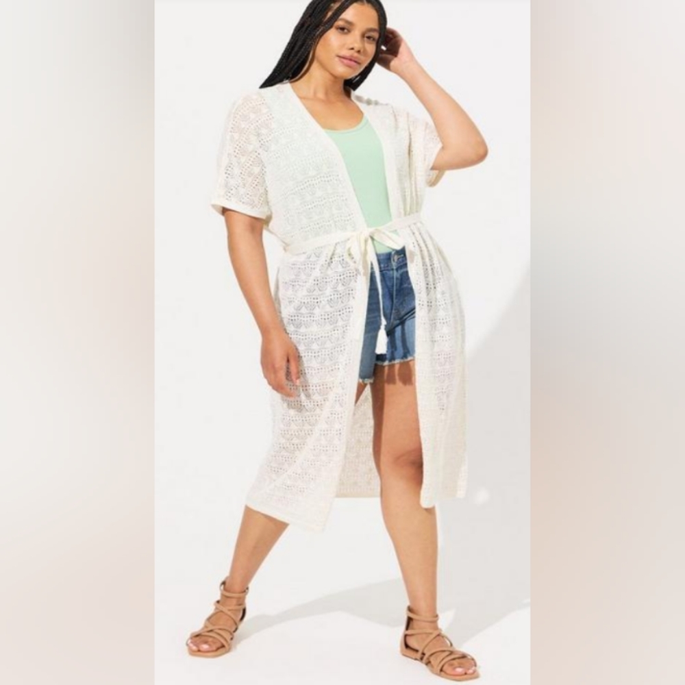 New Torrid 1X/2X Crochet Duster Short Sleeve Tie Waist Sweater- Pristine NWT